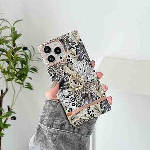 Square Plating Gold Edge Phone Case with Ring Holder For iPhone 12 / 12 Pro(Jungle Leopard)