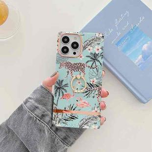 Square Plating Gold Edge Phone Case with Ring Holder For iPhone 13 Pro(Beach Crane Leopard)