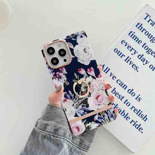 Ring Holder Square Plating Gold Edge Phone Case For iPhone 13 Pro(Blue Background Rose)