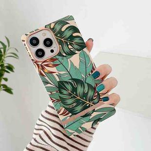 For iPhone 11 Square Plating Gold Edge Phone Case (Green Leaf)