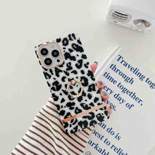 Ring Holder Square Plating Gold Edge Phone Case For iPhone 13 Pro Max(White Backgroud Leopard)