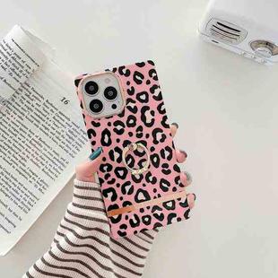Ring Holder Square Plating Gold Edge Phone Case For iPhone 13(Pink Backgroud Leopard)