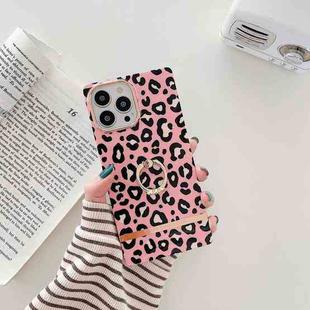 Ring Holder Square Plating Gold Edge Phone Case For iPhone 12 / 12 Pro(Pink Backgroud Leopard)