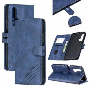 For Huawei Honor 20 Pro Stitching Style 2-Color Cow Texture Horizontal Flip PU Leather Case with Holder & Card Slot & Lanyard(Blue)