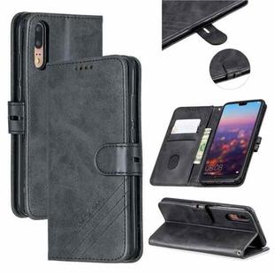 For Huawei P20 Stitching Style 2-Color Cow Texture Horizontal Flip PU Leather Case with Holder & Card Slot & Lanyard(Black)