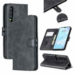 For Huawei P30 Stitching Style 2-Color Cow Texture Horizontal Flip PU Leather Case with Holder & Card Slot & Lanyard(Black)