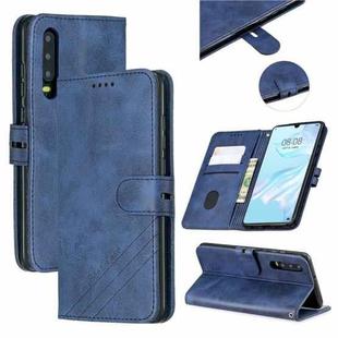 For Huawei P30 Stitching Style 2-Color Cow Texture Horizontal Flip PU Leather Case with Holder & Card Slot & Lanyard(Blue)
