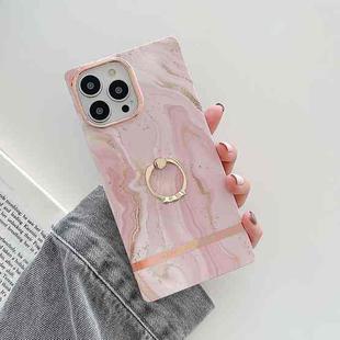 For iPhone 11 Ring Holder Square Plating Gold Edge Phone Case (Quicksand Pink)