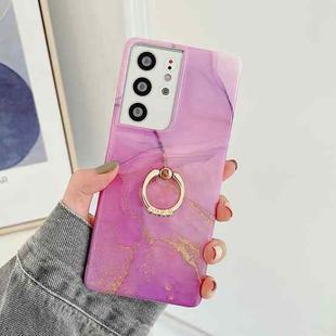 For Samsung Galaxy S22 Ultra 5G Ring Holder Glitter Marble Phone Case(Purple Gold)