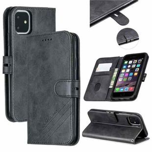 For iPhone 11 Stitching Style 2-Color Cow Texture Horizontal Flip PU Leather Case with Holder & Card Slot & Lanyard(Black)