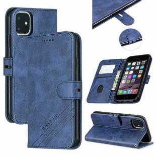 For iPhone 11 Stitching Style 2-Color Cow Texture Horizontal Flip PU Leather Case with Holder & Card Slot & Lanyard(Blue)