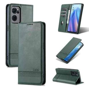 For OPPO Reno7 AZNS Magnetic Calf Texture Horizontal Flip Leather Phone Case(Dark Green)