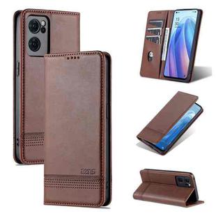 For OPPO Reno7 AZNS Magnetic Calf Texture Horizontal Flip Leather Phone Case(Dark Brown)