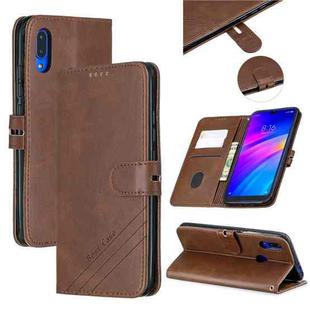 For Xiaomi Redmi 7 Stitching Style 2-Color Cow Texture Horizontal Flip PU Leather Case with Holder & Card Slot & Lanyard(Brown)