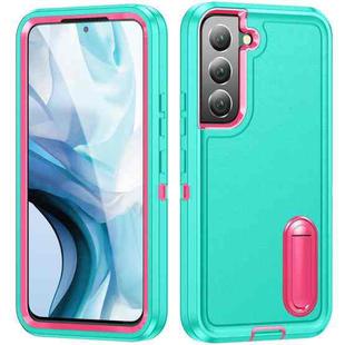 For Samsung Galaxy S22+ 5G 3 in 1 Rugged Holder Phone Case(Blue+Pink)