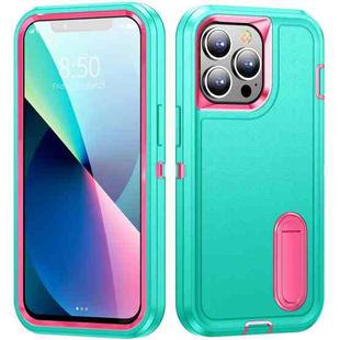 For iPhone 13 Pro 3 in 1 Rugged Holder Phone Case (Blue + Pink)