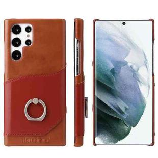 For Samsung Galaxy S22 Ultra 5G Fierre Shann Oil Wax Texture Genuine Leather Back Phone Case with 360 Degree Rotation Holder & Card Slot(Brown)