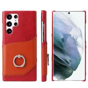 For Samsung Galaxy S22 Ultra 5G Fierre Shann Oil Wax Texture Genuine Leather Back Phone Case with 360 Degree Rotation Holder & Card Slot(Red)
