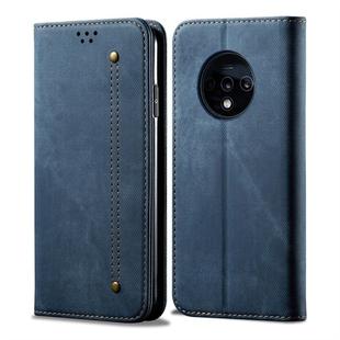 For OnePlus 7T Denim Texture Casual Style Horizontal Flip Leather Case with Holder & Card Slots & Wallet(Blue)