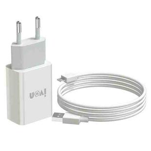 IVON AD-33 2 in 1 2.1A Single USB Port Travel Charger + 1m USB to 8 Pin Data Cable Set, EU Plug(White)