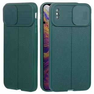 For iPhone XS Max Litchi Texture Sliding Camshield TPU Protective Phone Case(Dark Green)