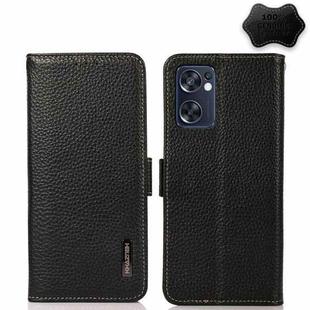 For OPPO Reno7 SE 5G KHAZNEH Side-Magnetic Litchi Genuine Leather RFID Phone Case(Black)