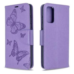 For Galaxy S20 Embossing Two Butterflies Pattern Horizontal Flip PU Leather Case with Holder & Card Slot & Wallet & Lanyard(Purple)