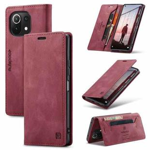 For Xiaomi Mi 11 Lite AutSpace A01 Skin-feel Crazy Horse Leather Phone Case(Wine Red)