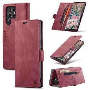 For Samsung Galaxy S22 Ultra 5G AutSpace A01 Retro Skin-feel Crazy Horse RFID Leather Phone Case(Wine Red)