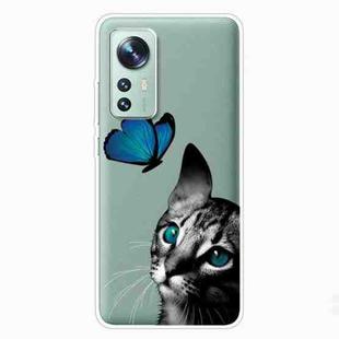 For Xiaomi 12 / 12X 5G Shockproof Painted Transparent TPU Protective Case(Cat Looking At Butterfly)