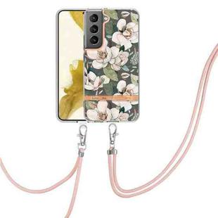 For Samsung Galaxy S22 5G Flowers Series TPU Phone Case with Lanyard(Green Gardenia)