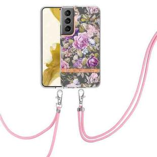 For Samsung Galaxy S22+ 5G Flowers Series TPU Phone Case with Lanyard(Purple Peony)