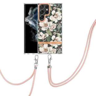 For Samsung Galaxy S22 Ultra 5G Flowers Series TPU Phone Case with Lanyard(Green Gardenia)