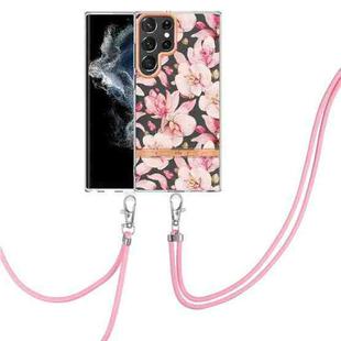 For Samsung Galaxy S22 Ultra 5G Flowers Series TPU Phone Case with Lanyard(Pink Gardenia)