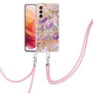 For Samsung Galaxy S21 5G Flowers Series TPU Phone Case with Lanyard(Purple Peony)