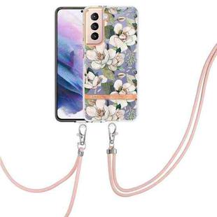 For Samsung Galaxy S21+ 5G Flowers Series TPU Phone Case with Lanyard(Green Gardenia)
