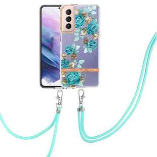 For Samsung Galaxy S21+ 5G Flowers Series TPU Phone Case with Lanyard(Blue Rose)