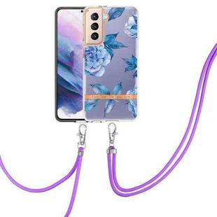 For Samsung Galaxy S21+ 5G Flowers Series TPU Phone Case with Lanyard(Blue Peony)