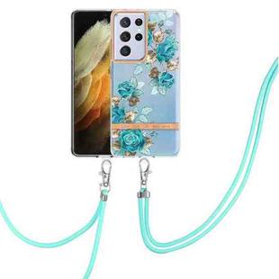 For Samsung Galaxy S21 Ultra 5G Flowers Series TPU Phone Case with Lanyard(Blue Rose)