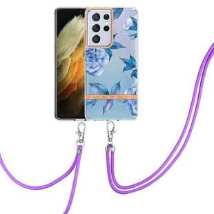 For Samsung Galaxy S21 Ultra 5G Flowers Series TPU Phone Case with Lanyard(Blue Peony)