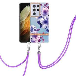 For Samsung Galaxy S21 Ultra 5G Flowers Series TPU Phone Case with Lanyard(Purple Begonia)