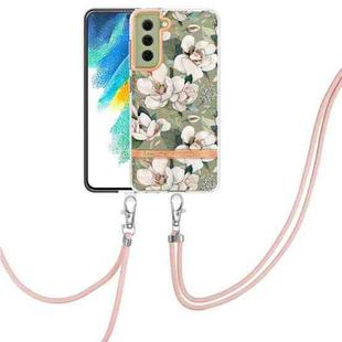 For Samsung Galaxy S21 FE 5G Flowers Series TPU Phone Case with Lanyard(Green Gardenia)