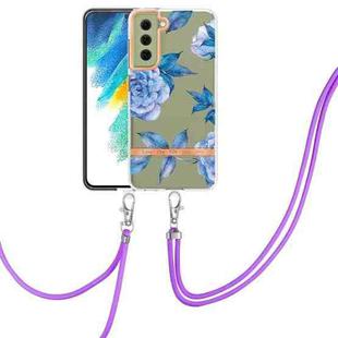 For Samsung Galaxy S21 FE 5G Flowers Series TPU Phone Case with Lanyard(Blue Peony)