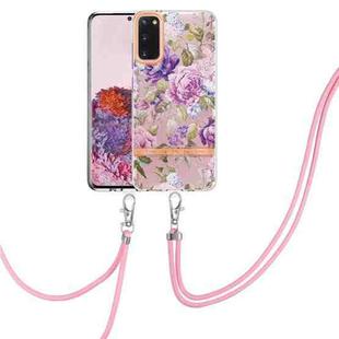 For Samsung Galaxy S20 5G Flowers Series TPU Phone Case with Lanyard(Purple Peony)