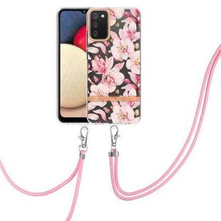 For Samsung Galaxy A02s 166mm Flowers Series TPU Phone Case with Lanyard(Pink Gardenia)