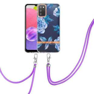 For Samsung Galaxy A03s 166mm Flowers Series TPU Phone Case with Lanyard(Blue Peony)