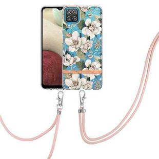 For Samsung Galaxy A12 Flowers Series TPU Phone Case with Lanyard(Green Gardenia)