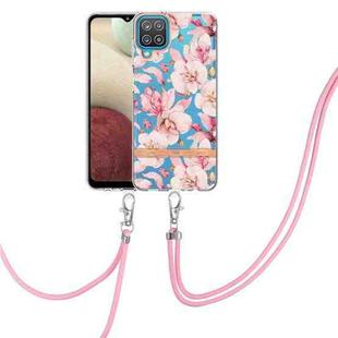For Samsung Galaxy A12 Flowers Series TPU Phone Case with Lanyard(Pink Gardenia)