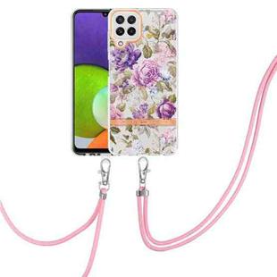 For Samsung Galaxy A22 4G / M32 Global Flowers Series TPU Phone Case with Lanyard(Purple Peony)