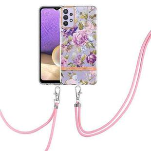 For Samsung Galaxy A32 5G Flowers Series TPU Phone Case with Lanyard(Purple Peony)